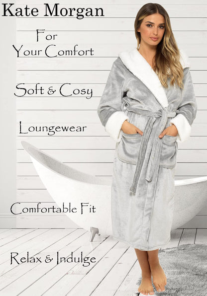 KATE MORGAN Ladies Dressing Gown Fluffy Super Soft Hooded Bathrobe for Women Plush Fleece Perfect Loungewear Long Robe | Gifts for Women 16-18 Grey Shimmer