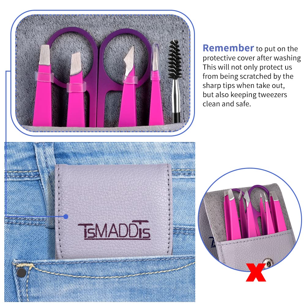 TsMADDTs 6 PCS Tweezers Set for Women, Eyebrow Tweezers with Curved Scissor for Ingrown Hair, Hair Plucking Daily Beauty Tools with Leather Travel Case