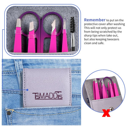 TsMADDTs 6 PCS Tweezers Set for Women, Eyebrow Tweezers with Curved Scissor for Ingrown Hair, Hair Plucking Daily Beauty Tools with Leather Travel Case