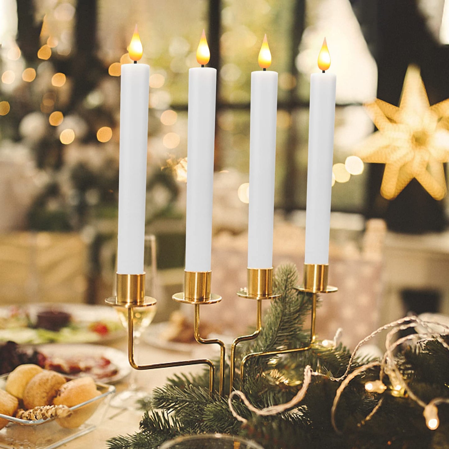 Bociks Flameless Window Candles with Remote Timer 10 PCS Battery Operated LED Flickering Taper Candle Lights with Removable Gold Candle Holders Best Gift for Xmas Wedding Home Dinner Decor