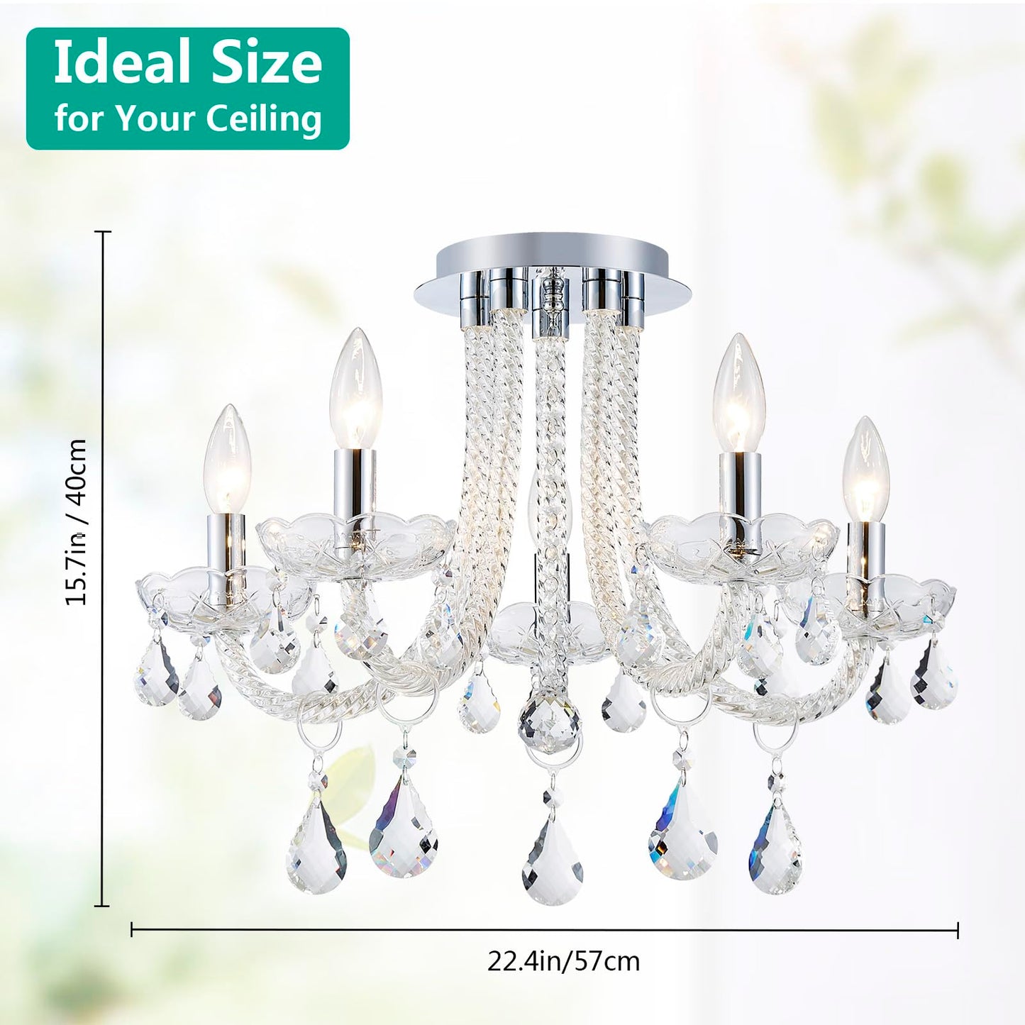 GlowEasely French K9 Crystal Maria Theresa Candle Chandelier, Luxury Vintage Pendant Light Fixture for Dining Room, Living Room, 5 Lights, D22.4*H15.7 inch, Clear Crystal & Chrome Finish Frame