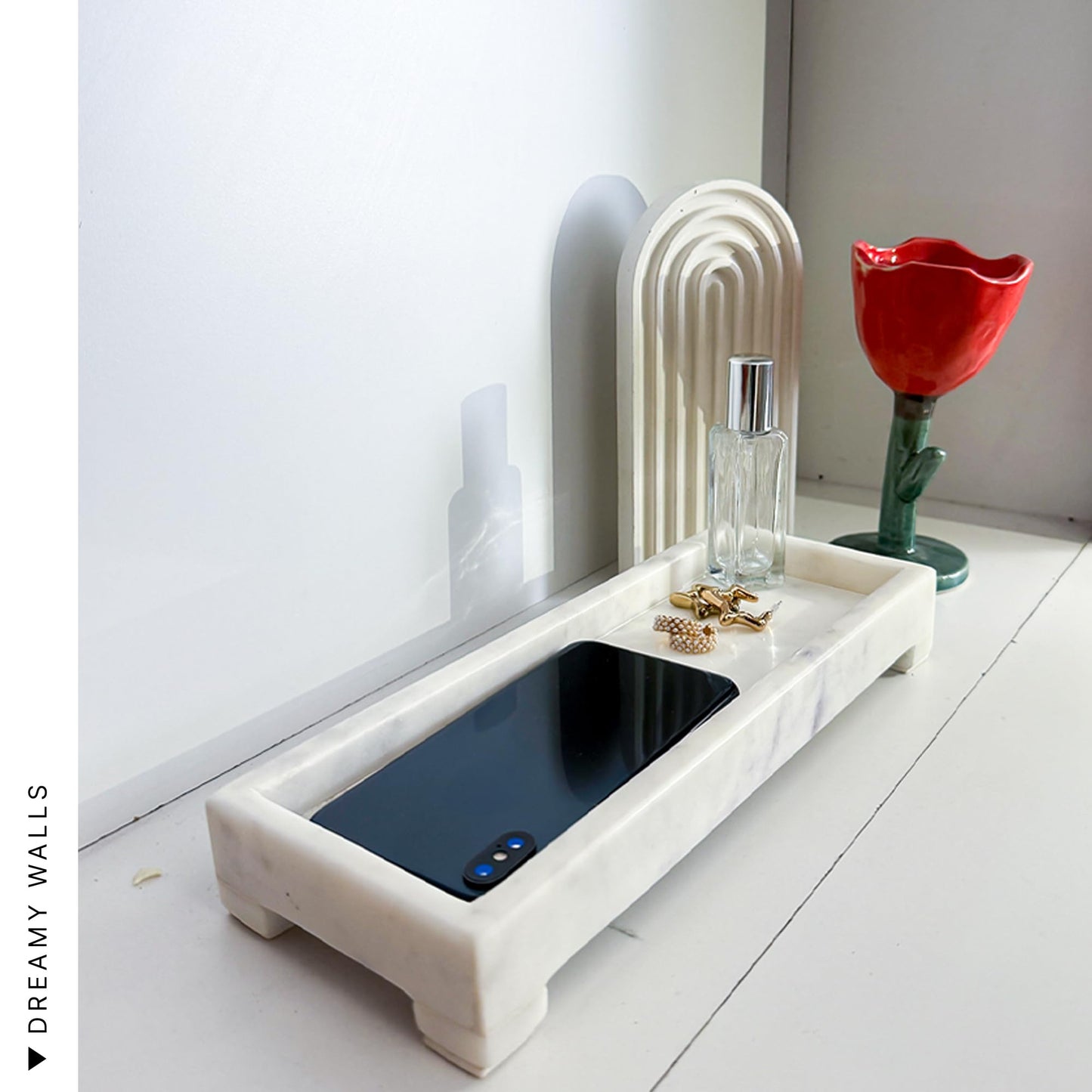 Dreamy Walls Banswara White Marble Vanity Tray - 11×4 Inch | Marble Tray for Bathroom, Perfume, Jewellery & Dressing | Trinket Tray, Bathroom Tray for Toiletries | Anti-Slip | Handmade in India