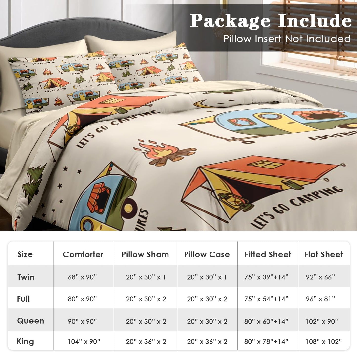 Pamnest Comforter Set Full Size, Summer Camp RV 7 Pcs Bedding for Kids and Adults, Camping Adventure Bed Sheet Sets with Fitted Sheet 2 Pillowcases & 2 Shams for Bedroom Bed Decor