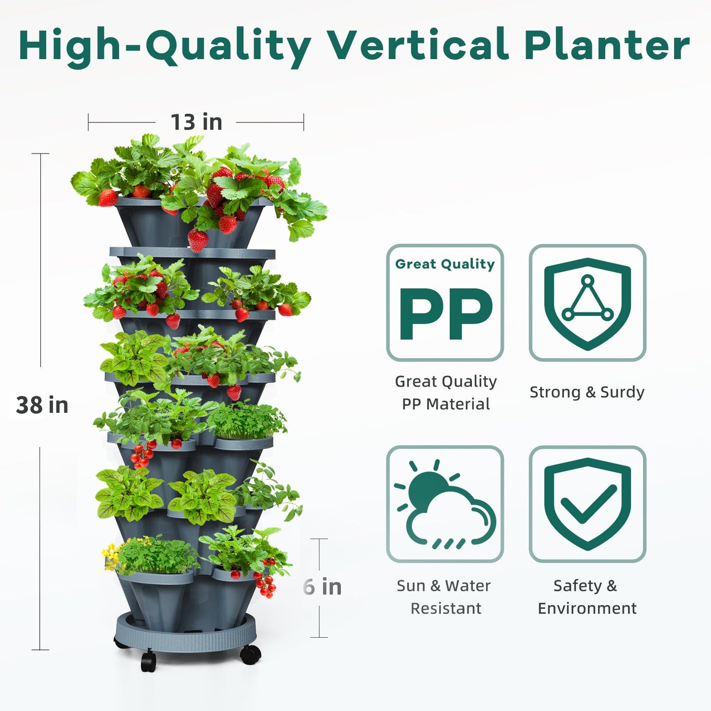 Tectsia Strawberry Vertical Planter Tower Garden, 7 Tiered Stackable Planter Herb Garden Planter with Movable Casters and Bottom Saucer Indoor and Outdoor - Dark Grey