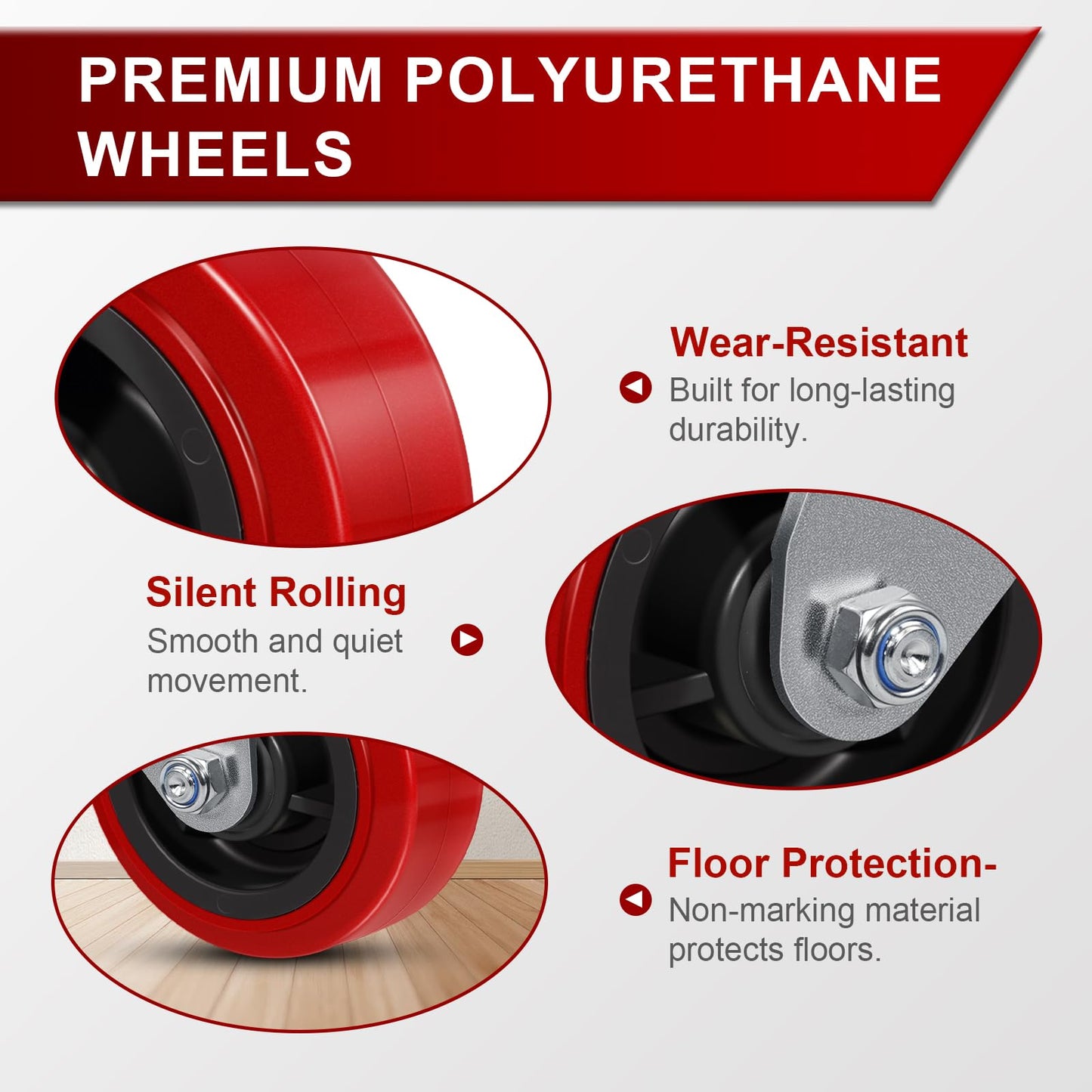 5 Inch Caster Wheels, Polyurethane on Polyolefin Core Wheel- Capacity up to 1000 Lbs Per, Use for Platform Truck, Industrial Equipment (1 Brake)