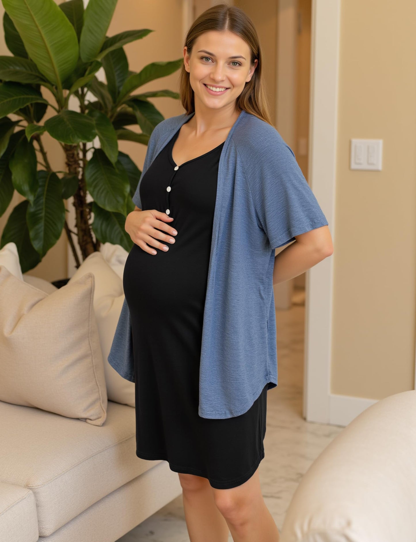 Uniexcosm Women's Maternity Nightdress Button Breastfeeding Nightwear Soft Nursing Nightgown for Pregnancy Short Sleeve Maternity Pyjamas Loungewear Black