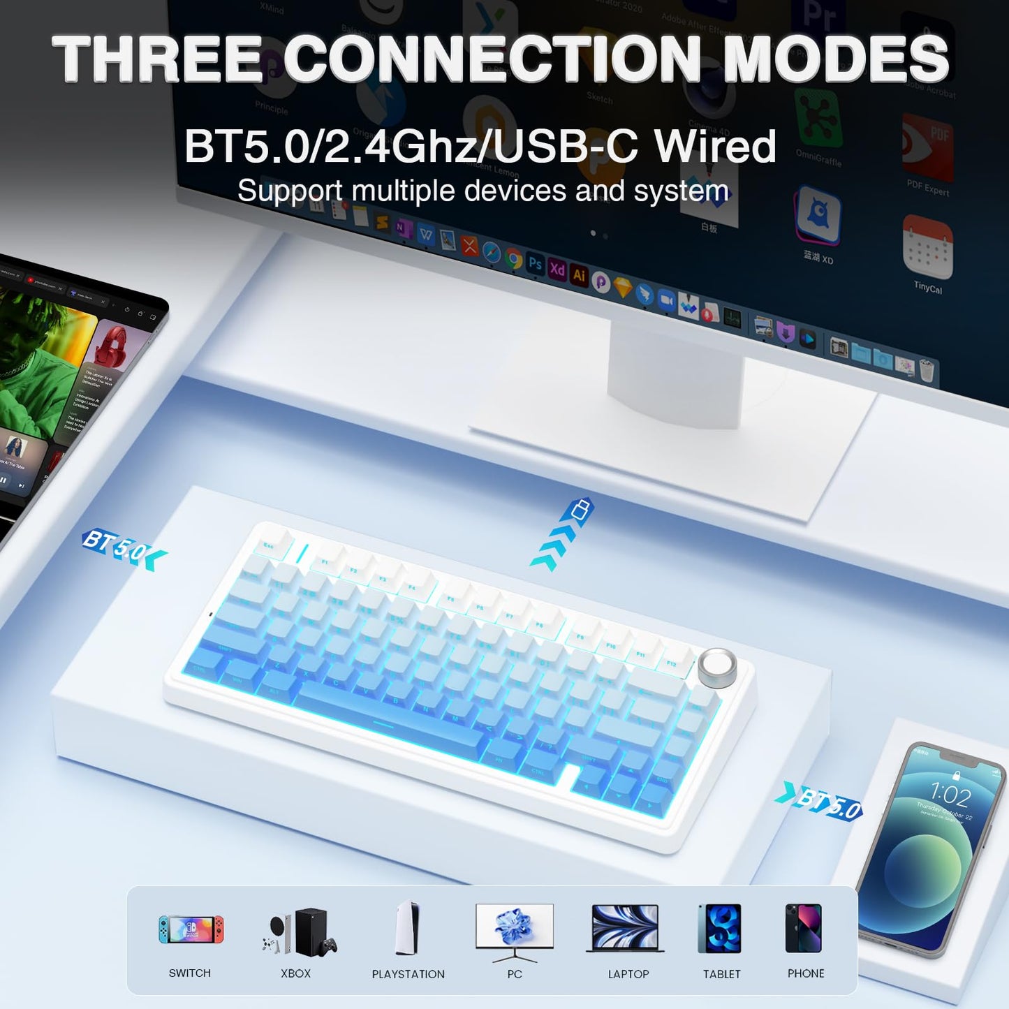 AULA F75 Pro Wireless Mechanical Keyboard,75% Hot Swappable Custom Keyboard with Knob,RGB Backlit,Pre-lubed Reaper Switches,Side Printed PBT Keycaps,2.4GHz/USB-C/BT5.0 Mechanical Gaming Keyboards