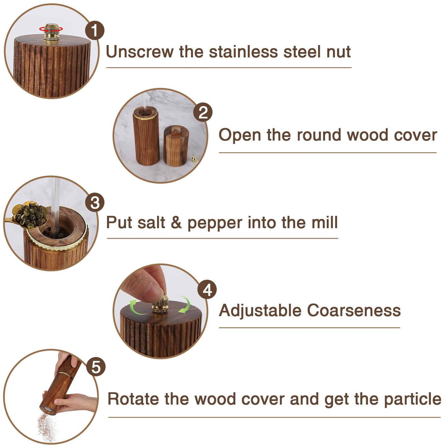 Wooden Salt and Pepper Grinder Set, Refillable Salt and Pepper grinder with adjustable Coarseness, Acacia Wood pepper mill manual, Salt and Pepper Shakers Matching Wooden tray-Ideal for Gifting