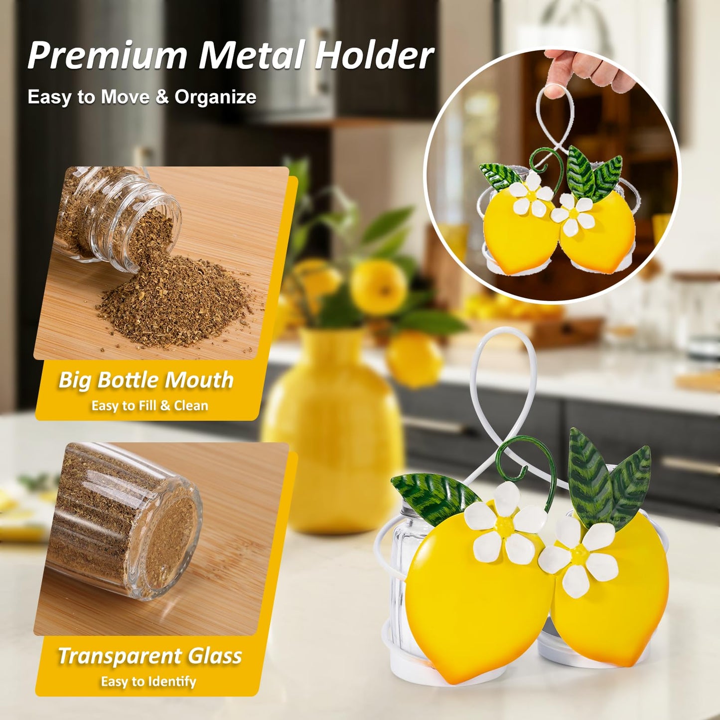 Lemon Cute Salt and Pepper Shakers Set with Holder - 2oz Seasoning Containers with Lemon Decor Holder, Yellow Kitchen Decor and Accessories, Housewarming Gifts for Women, Portable Metal Stand