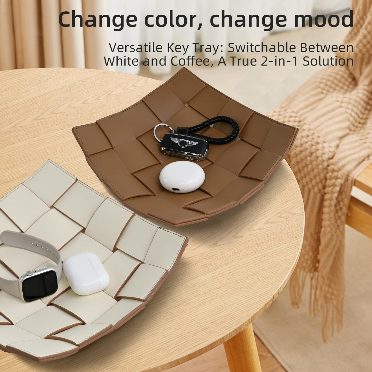 Valet Tray PU Leather Key Bowl for Men Women Entryway Table Nightstand Catchall EDC Dump Tray for Wallet, Keys, Jewelry Men's Gift - Coffee & White, 9.8" L x 9.8" W x 2" H