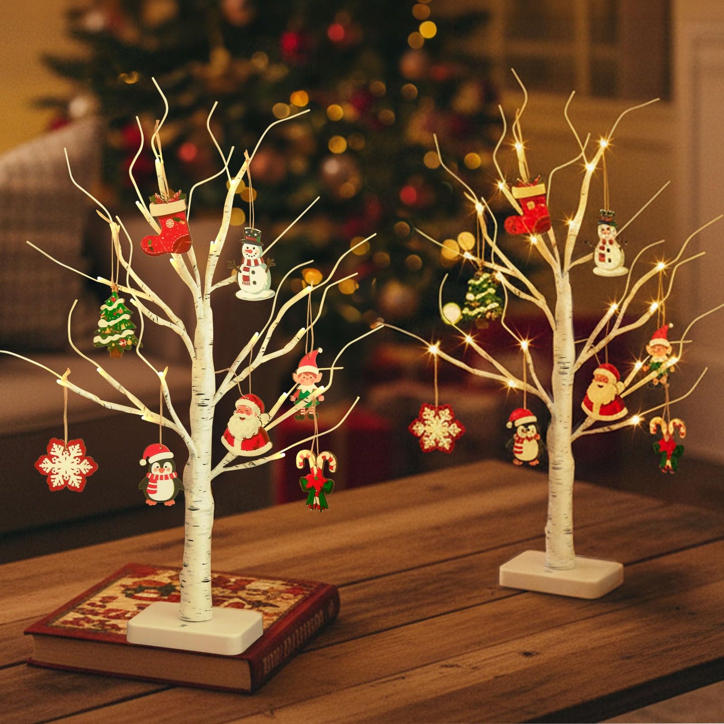 EAMBRITE Lighted Birch Tree with Christmas Ornaments, 2 Pack Small Christmas Trees with Led Lights, White Twinkling Tree Decorations Tabletop Centerpieces for Home Table Bedroom Indoor Decor (22inch)
