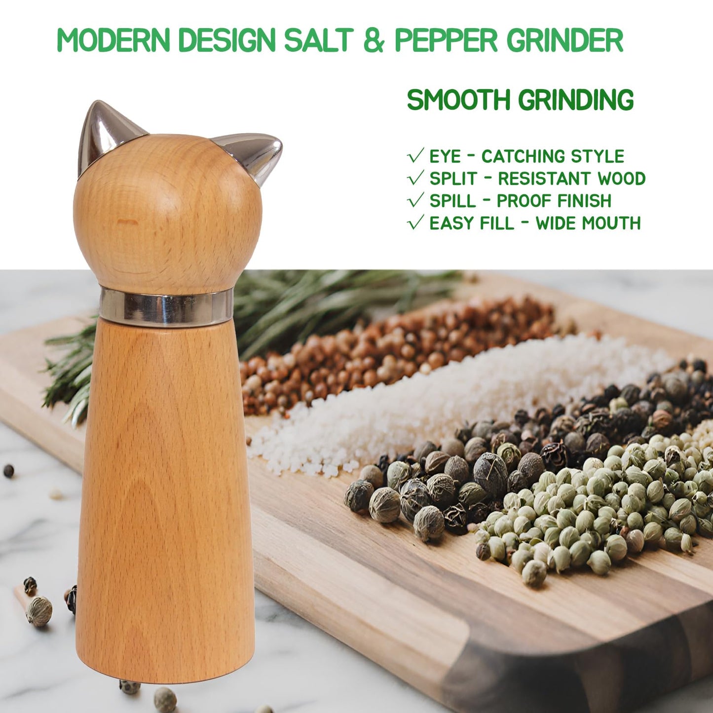 Hoivvy Manual Pepper Mill & Salt Grinder - Wood Adjustable Refillable Pepper Mill for Cat Lovers,Cute Kitchen Gift &Kitchen Counter Decor(7.6" Height)