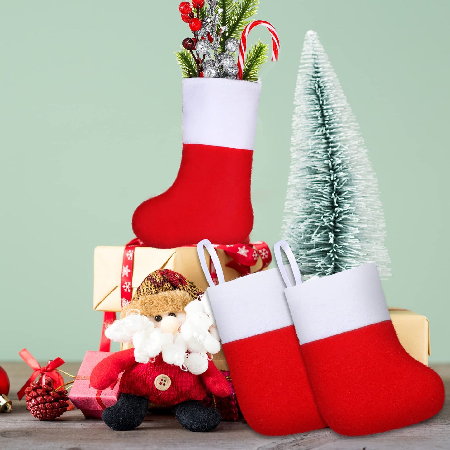 Leitee 50 Pcs Christmas Mini Red Stockings Felt Fabric Christmas Stockings Gift Card Tree Holder Small Socks Decoration Plain Holiday Stockings for Xmas Party Gifts Ornaments