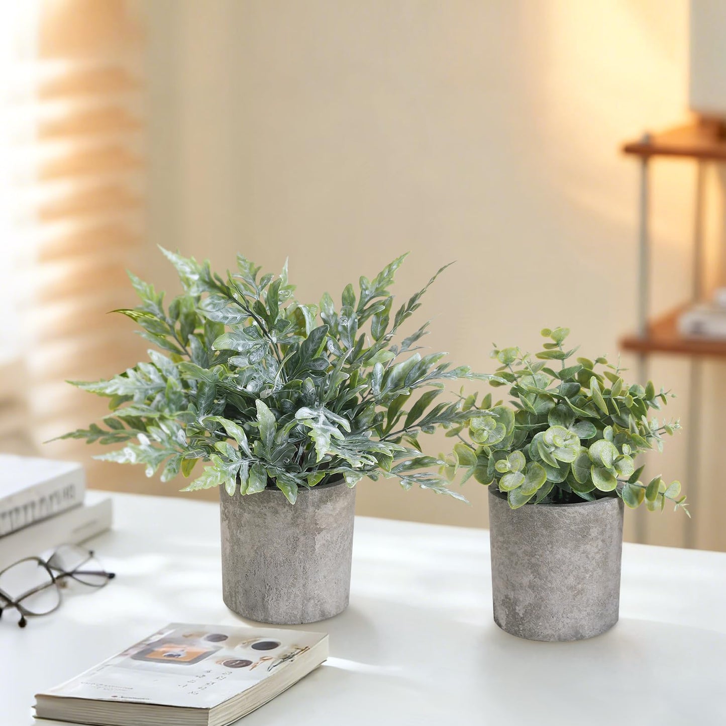 RUIDKUN 3 Pack Mini Potted Fake Plants Artificial Plastic Indoor Eucalyptus Plants for Home, Office, Desk, Bathroom, Coffee Table & Shelf (Green)
