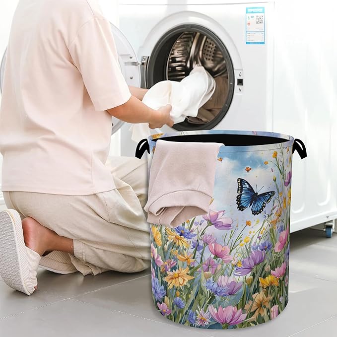 Wildflowers Butterfly Laundry Basket, Floral Garden Oxford Cloth Laundry Hamper