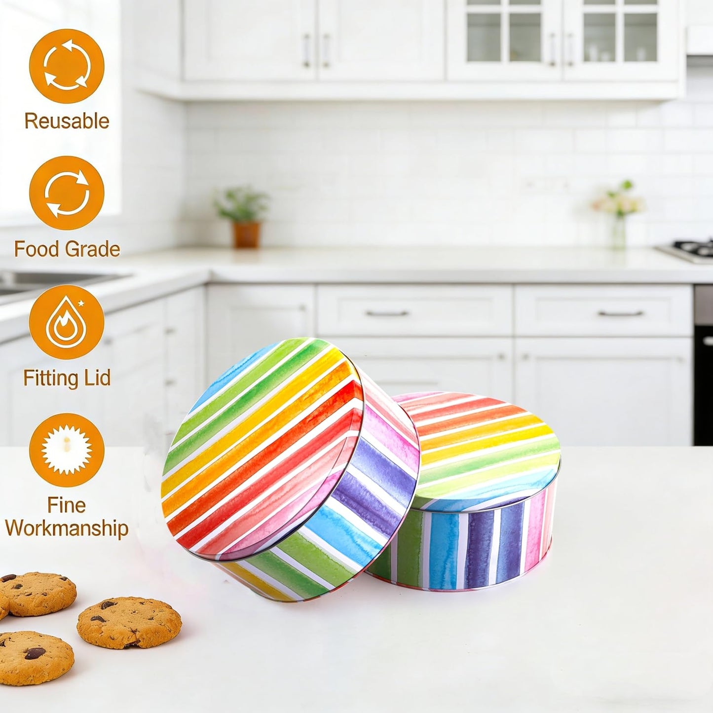 Yopay 3 Pack Cookie Tins, Round Baking Cake Gift Tins for Storing Patisseries, Puff Pastries Craft Supplies, Easter, Special Occasion and Holidays, Rainbow Pattern, 7" W X 3.2" H, Metal