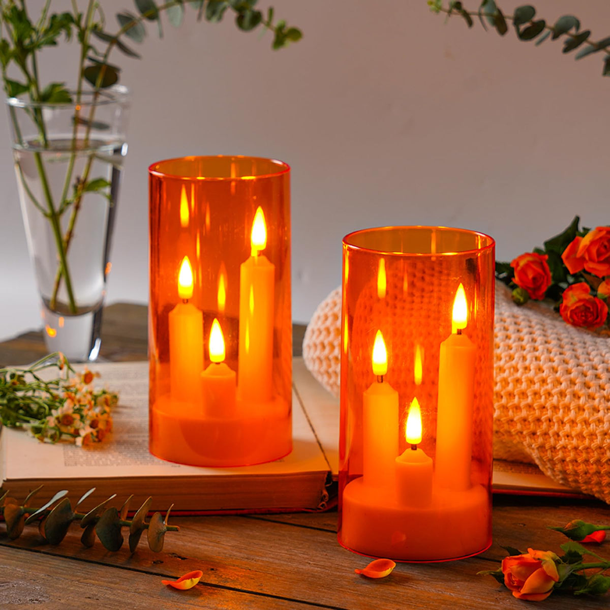 Da by 2 Pack 3D Wick Flameless Taper Candles, Orange Transparent Acrylic Cover, Remote Control Flickering LED Electric Candles, Battery Operated for Halloween Thanksgiving Christmas Home Decor.