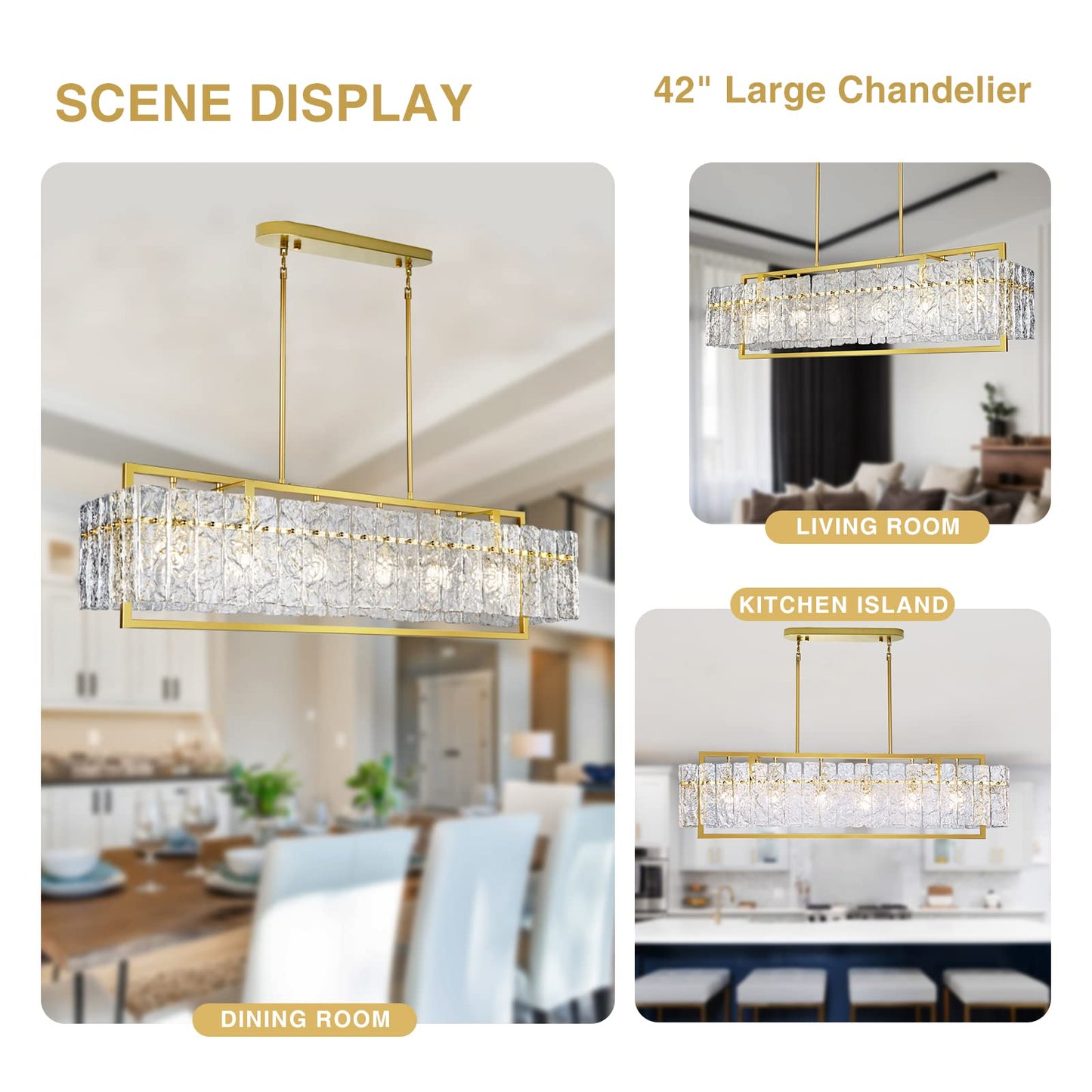 IKK Modern Rectangle Gold Crystal Chandeliers for Dining Room, 42" Large Rectangular Water Ripple Glass Island Light Fixture, Elegant Linear Lighting for Kitchen Island, Living Room, L42 x W11 x H12