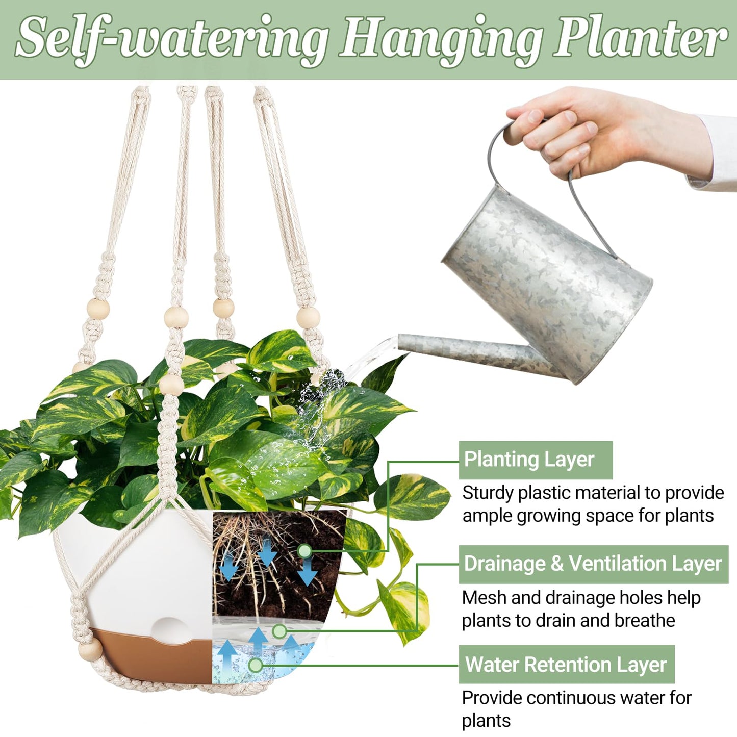 Mkono Set of 3-10 Inch Hanging Planters for Indoor Plants with Self Watering, Outdoor Hanging Plant Pot with Macrame Plant Hangers, 2 Kinds Hanging Basket for Garden Home Ceiling Window Decor