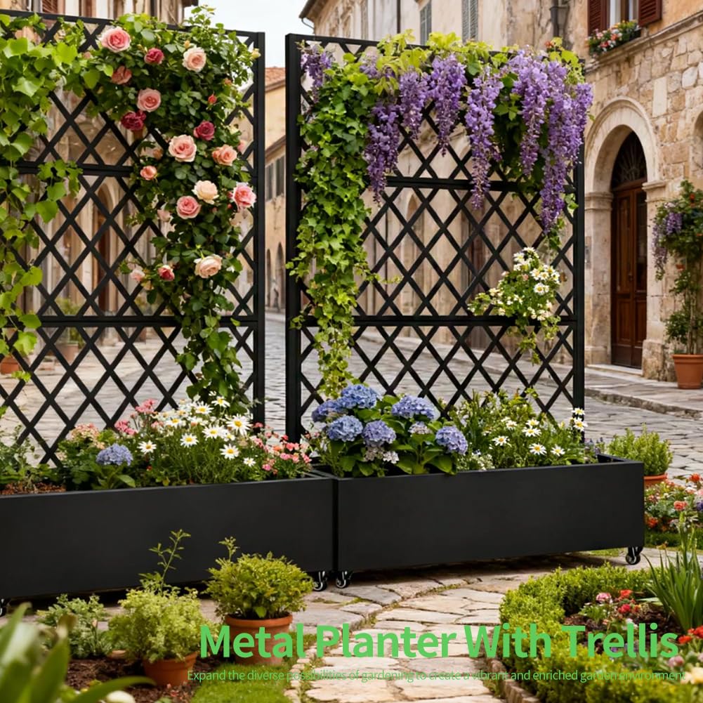 Metal Planter Box with Privacy Screen Trellis,Galvanized Raised Garden Bed On Wheels for Climbing Plants Vines, Standing Garden Flower Bed with Drainage Holes (Black, 47" L x16 W x 73" H)