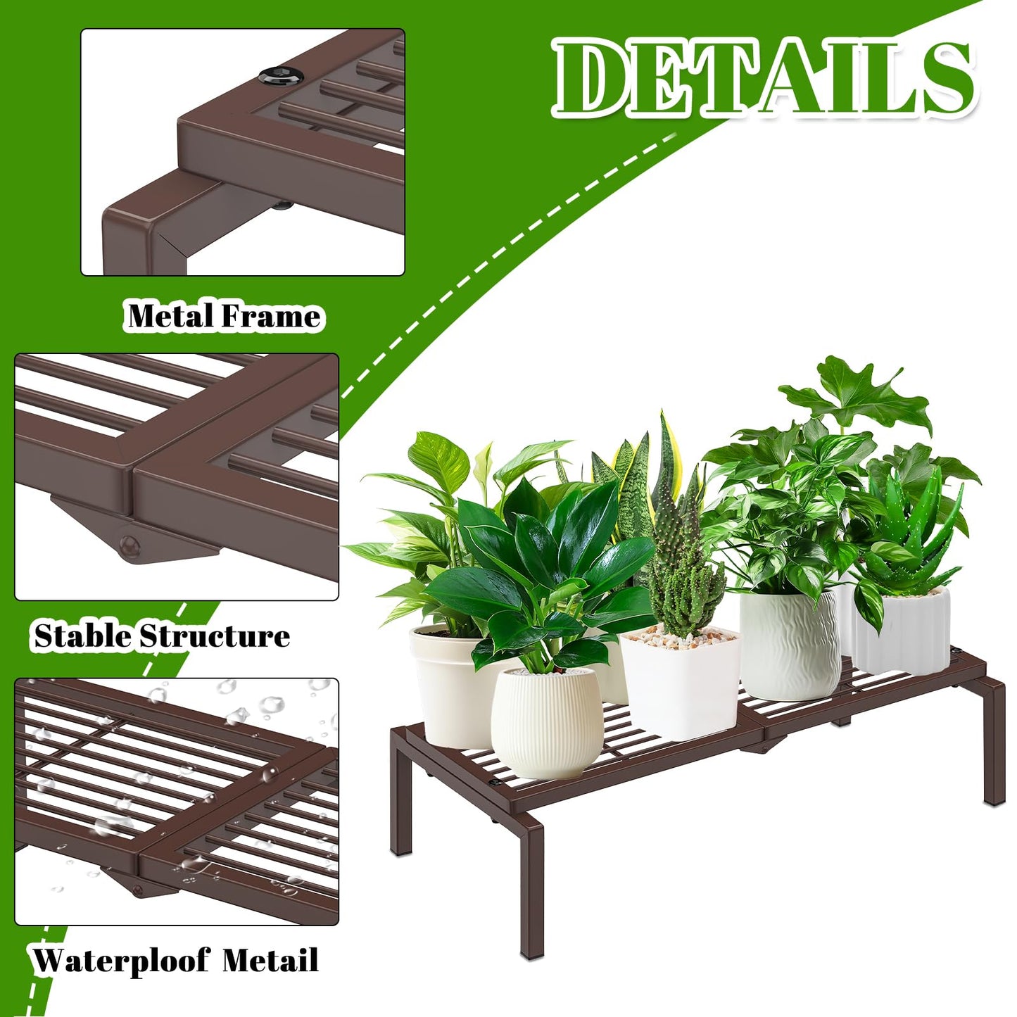 Gouisalin 1 Tier Metal Plant Stand Indoor Outdoor, Potted Multiple Flower Pot Holder Rack Plant Shelf, Heavy Duty Planter Display Shelving for Patio Balcony Garden Living Room Decorative (Brown)