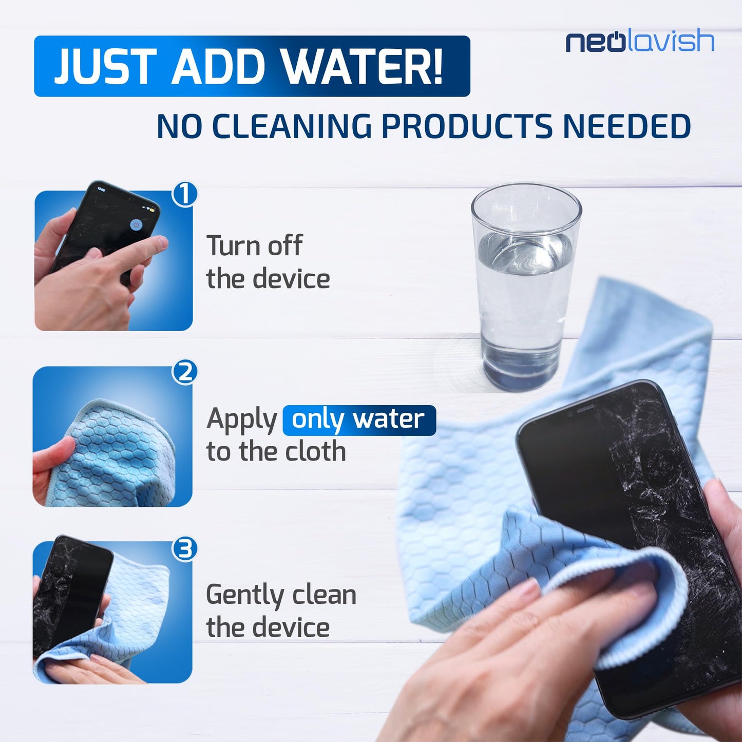 NeoLavish® - Screen Cleaner - Just Add Water - 2 Pack 35x35 cm - Microfibre Cleaning Kit for LCD, LED, OLED TV, Laptop, Phone, iPad, Monitor, and All Devices - Lint-Free, Streak-Free Cloths, Reusable