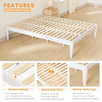 IOTXY Queen Platform Bed Frame - Solid Wood 16-Inch Height Mattress Foundation Base with Densely Slats and Heavy-Duty Support Legs, No Box Spring Needed, White