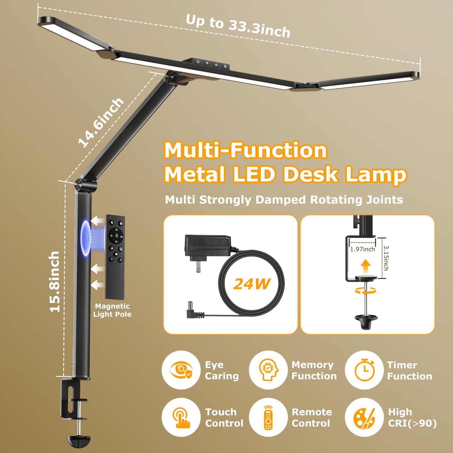 LED Desk Lamp for Office Home, Eye-Caring Desk Light with Stepless Dimming Adjustable Flexible Gooseneck, 10W USB Adapter Desk Lamp with Clamp for Reading, Study, Workbench (Black)