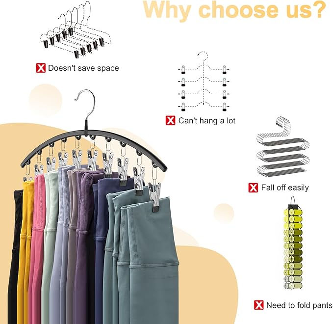 Legging Organizer for Closet, Metal Yoga Pants Hangers 1 Pack w/10 Clips Holds