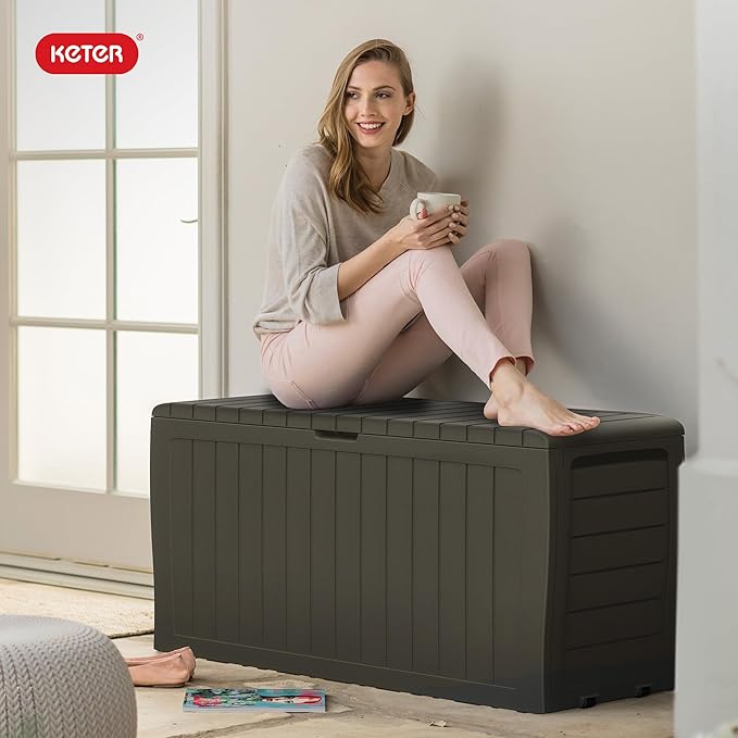 Keter Marvel Plus 71 Gallon Resin Outdoor Storage Box for Patio, Balcony & Garden – Weather‑Resistant Deck Box for Cushions, Pillows, Pool Floats & Tools, Mossy Brown