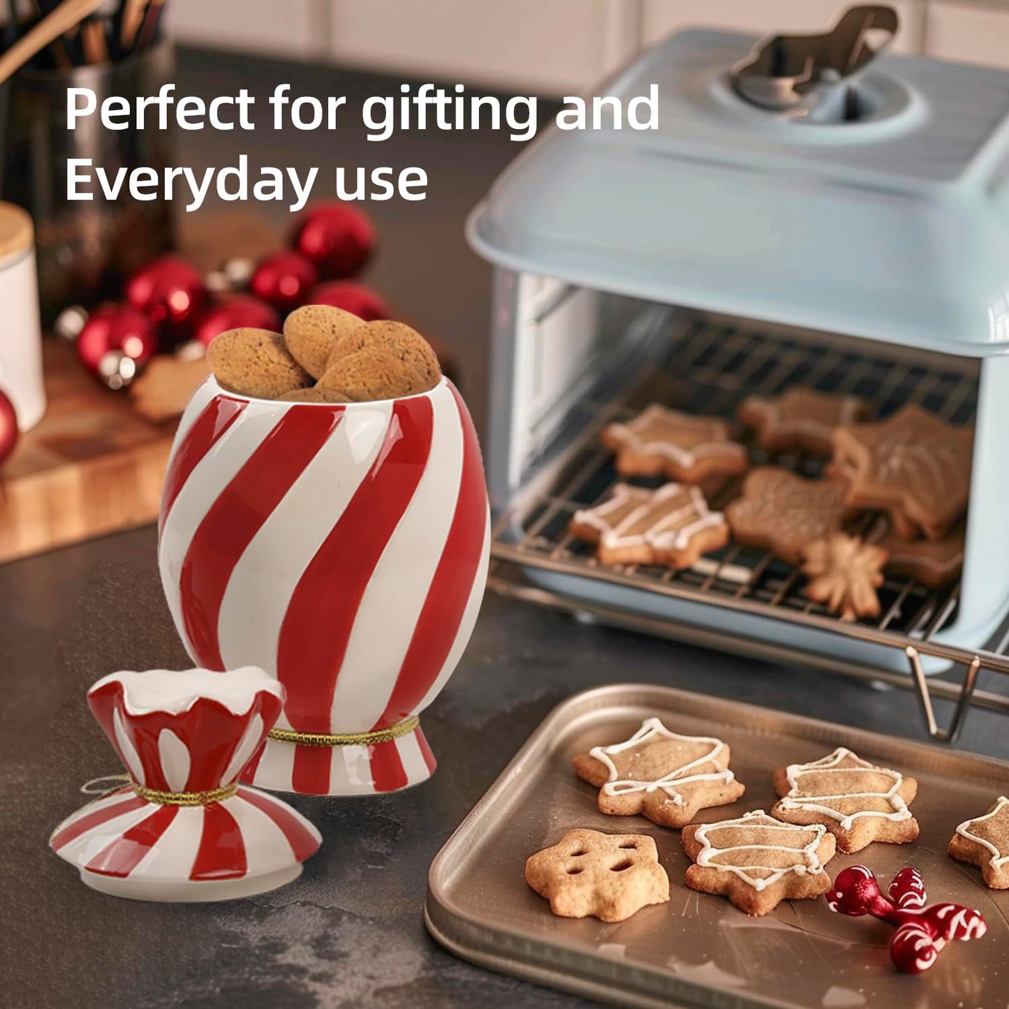 DIF DECO Christmas Ceramic Food Storage Jars with Lid, 24.7 OZ Hand printed Xmas Candy Jar Coffee Cookie Container for Snacks, Sugar Containers, Tea, Spice, Cereal, Nut - 700ml