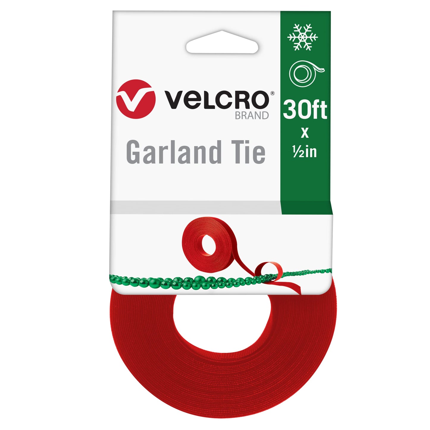VELCRO Brand Red Garland Ties – 30ft Reusable Hook and Loop Straps for Hanging Christmas Garlands, Lights, and Wreaths on Banisters, Railings, and Porch Posts – Cut to Size Holiday Fasteners