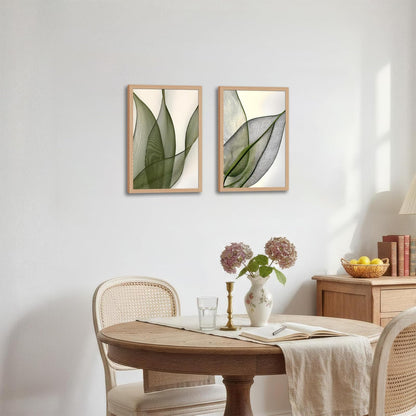 Green Leaf Wall Art Set of 2 with Wooden Frame – Minimalist Botanical Plant Prints, Modern Boho Tropical Leaves Painting, Framed Picture Wall Decor 12x16 Inch
