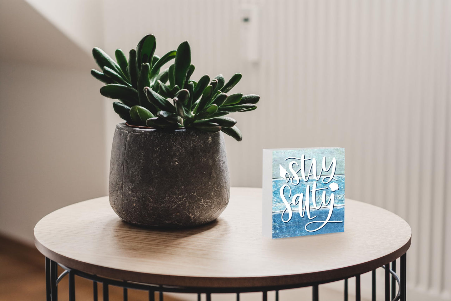 Summer Beach Decorations for Home, Starfish Theme House Room Bedroom Bathroom Decor Classroom, Wood Box Sign 5 X 5 Inch (Stay Salty Sign)