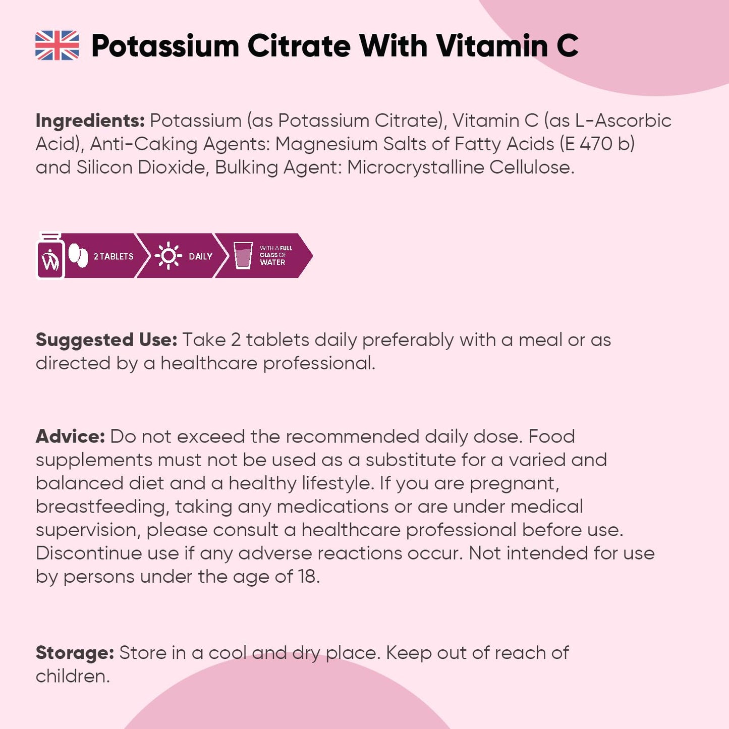 Potassium Supplement with Vitamin C 1460mg | 3 Months Supply | 180 Tablets | Electrolytes Tablets | Bioavailable Potassium Citrate Form | Non-GMO, Gluten-Free & Vegan-Friendly | Made in The UK