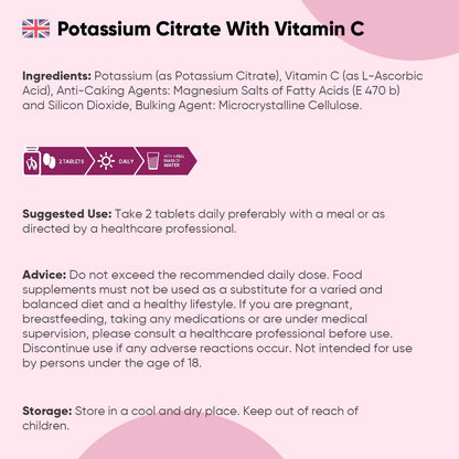 Potassium Supplement with Vitamin C 1460mg | 3 Months Supply | 180 Tablets | Electrolytes Tablets | Bioavailable Potassium Citrate Form | Non-GMO, Gluten-Free & Vegan-Friendly | Made in The UK