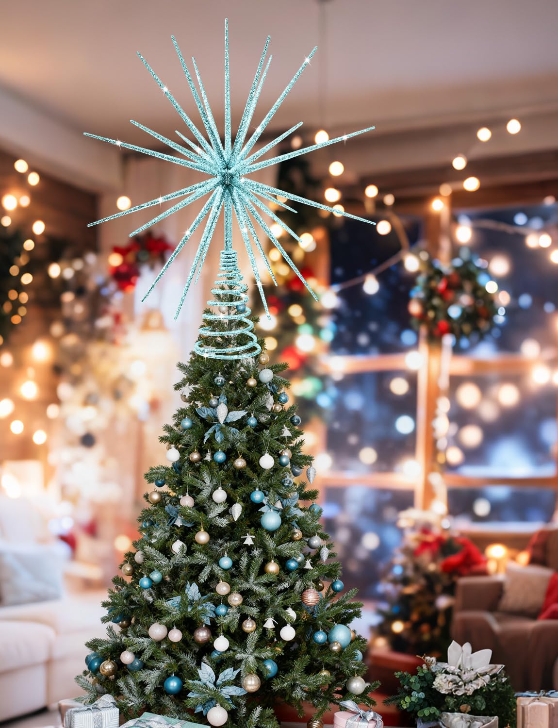 13.7 Inch Blue Christmas Tree Topper - 3D Burst Blue Tree Topper, Exploding Star Christmas Tree New Year Holiday Tree Decoration