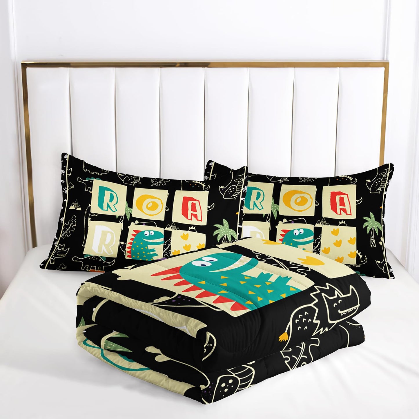 lneffble Kids Dinosaur Comforter Set Twin Size for Boys，Black Twin Size Dinosaur Bedding Sets for Boys with 1 Comforter with 2 Pillow Case