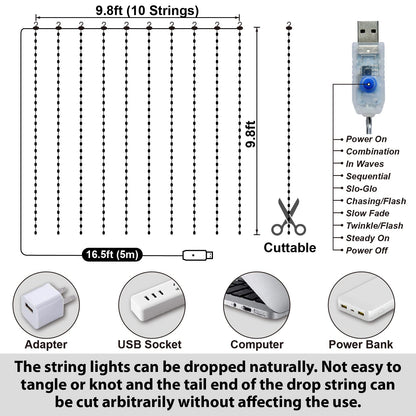 HXWEIYE 300LED Fairy Curtain Lights, 9.8x9.8Ft USB Plug-in 8 Modes Christmas String Hanging Lights with Remote for Bedroom Backdrop Wedding Indoor Wall Decor, White, Tangle-Free – 1 Pack