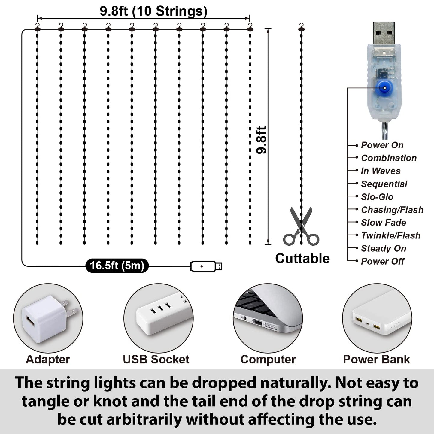 HXWEIYE 300LED Fairy Curtain Lights, 9.8x9.8Ft USB Plug-in 8 Modes Christmas String Hanging Lights with Remote for Bedroom Backdrop Wedding Indoor Wall Decor, Blue, Tangle-Free – 1 Pack
