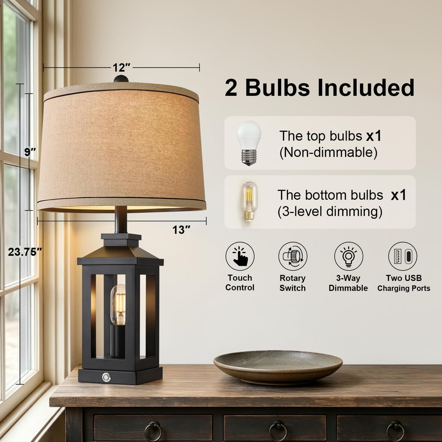 G-SAFAVA 23.75" Retro Farmhouse Black Table Lamp for Living Room Bedroom Nightstand Single Pack Touch Control Bedside Nightlight Vintage Modern Lamp with USB C+A Ports and 2 Light Sources