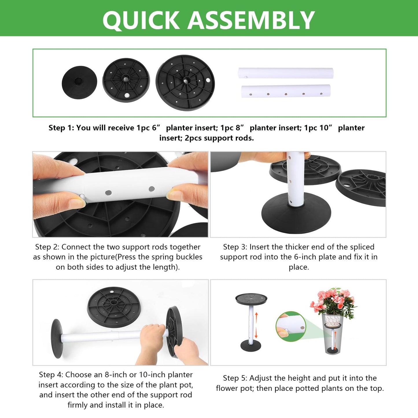 YLSAZL 2 Pack Adjustable Height Plant Risers for Inside Pots,11-17" Rise Plant Risers for, Indoor & Outdoor Insert with, Tall Square Round Taper Planter with 6''8" 10" Base & Top（Black - Short）