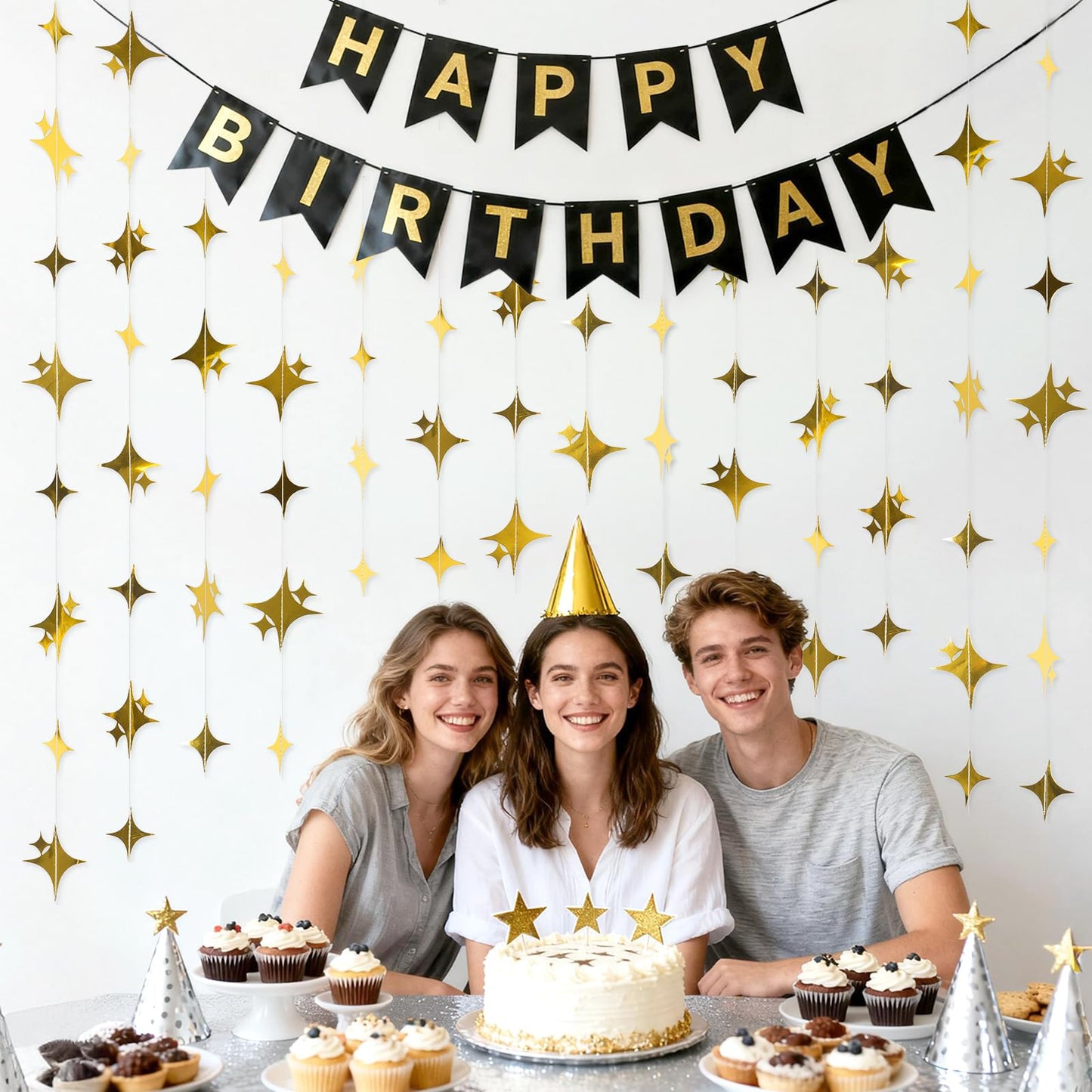 jijAcraft Glitter Gold Four-Angle Star Garland Decorations Hanging Garands Banner Backdrop, Star Party Decoration for Birthday Baby Shower Wedding Kids Room Ramadan EID Graduation Decor (39 Feet)