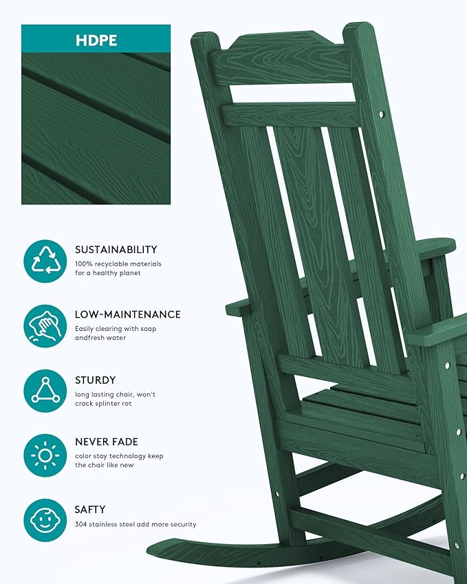 SERWALL Outdoor Rocking Chair Set of 4, Patio Rocking Chairs Set, HDPE Rocking Chair Outdoor for Adults, Heavy Duty Front Porch Rocker, Green