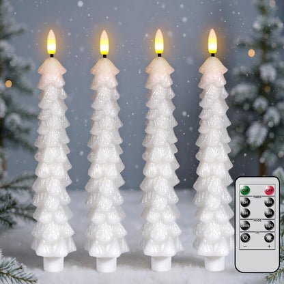 KunSwenn Christmas Tree Candles with Remote, White Christmas Tree Flameless Taper Candles Battery Operated, Real Wax Set of 4 LED Christmas Flameless Candlesticks for Xmas Winter Holiday Home Decor