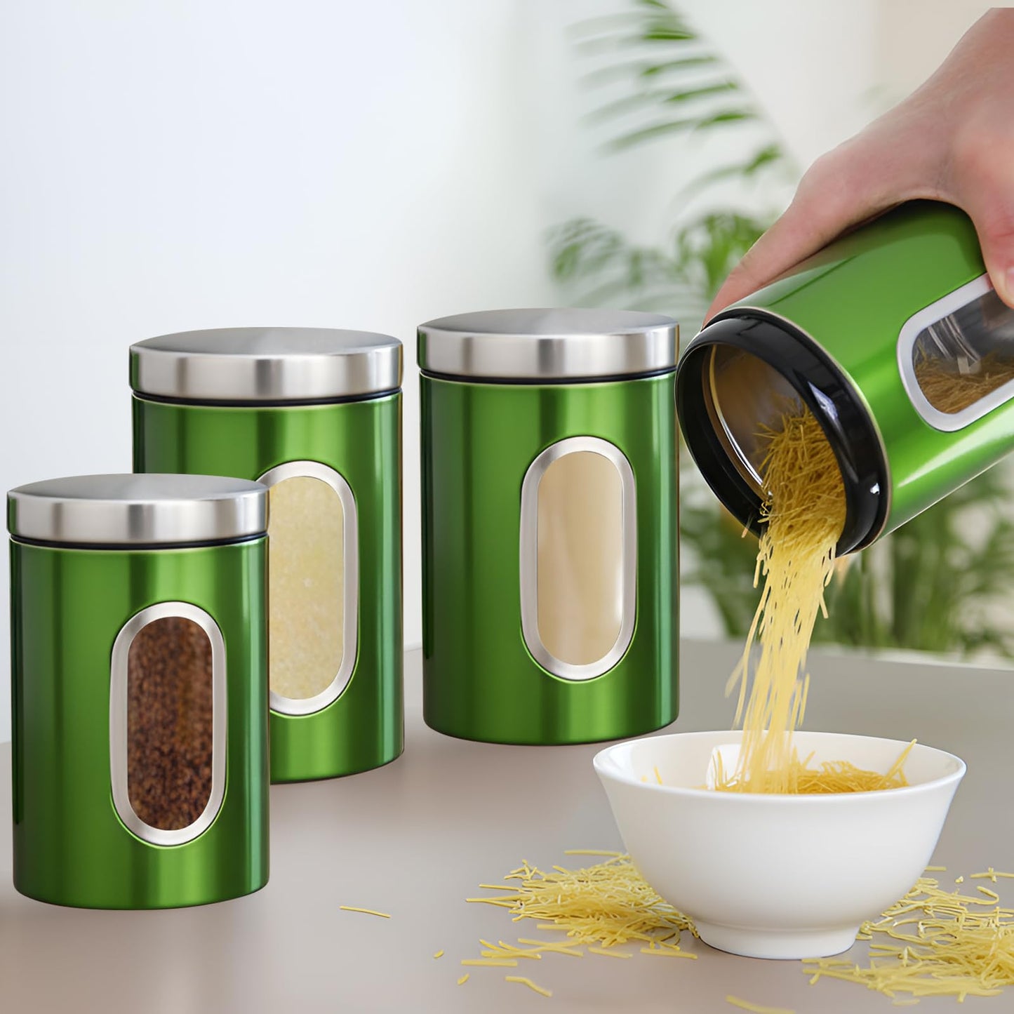 Zopeal 6 Pack Green Canisters Sets For Kitchen 50oz Stainless Steel Kitchen Canisters with Transparent Windows Flour Sugar Container Metal Jar Countertop Set for Coffee Tea Decorative