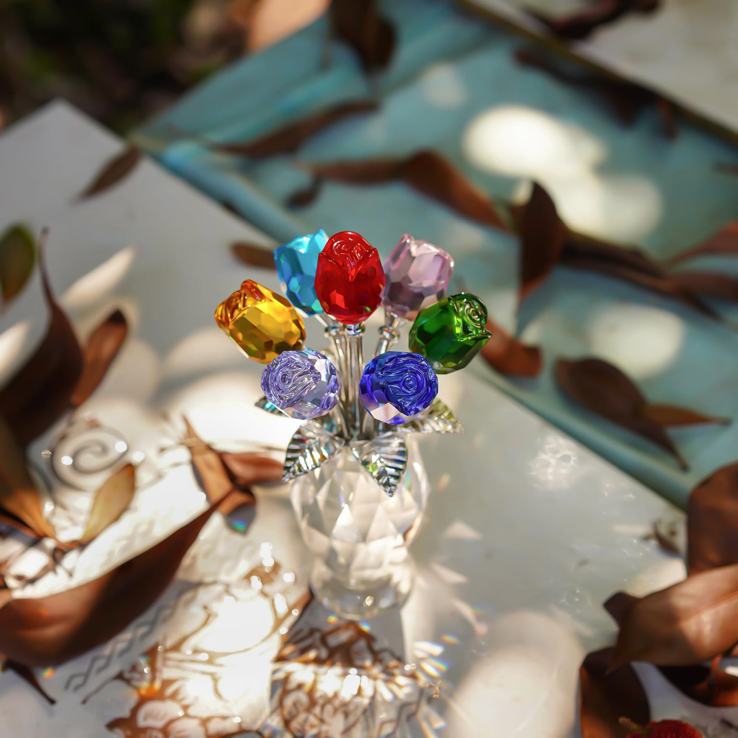 H&D HYALINE & DORA Colorful Crystal Rose Figurine - Rose Flower Gifts for Women - Wedding Party Collectible Figurines - Gift Box Included