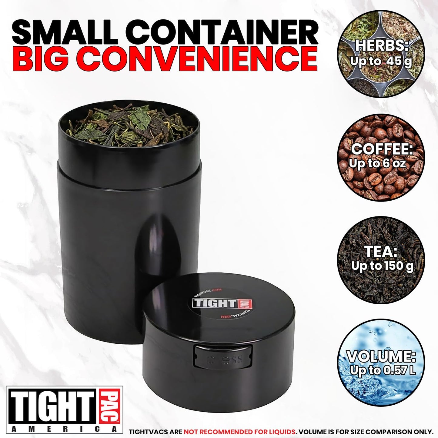 Tightvac 1 to 6 Ounce Airtight Container - Multi-use Storage Container for Herbs, Coffee and Dry Goods, Patented Vacuum Seal Airtight Containers, Black
