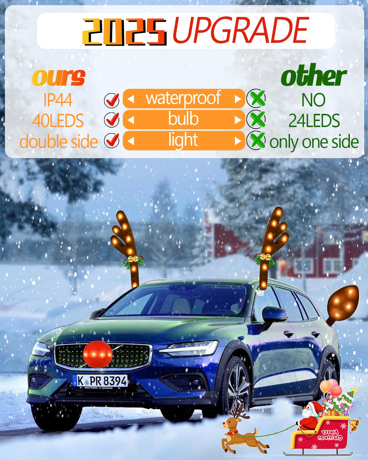 Christmas Reindeer Antlers Car Decoration Kit, Waterproof LED Lights Nose Vehicle with Jingle Bells Rudolph, Auto Holiday Accessories for SUV Van Truck Decor Warm White