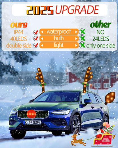 Christmas Reindeer Antlers Car Decoration Kit, Waterproof LED Lights Nose Vehicle with Jingle Bells Rudolph, Auto Holiday Accessories for SUV Van Truck Decor Warm White